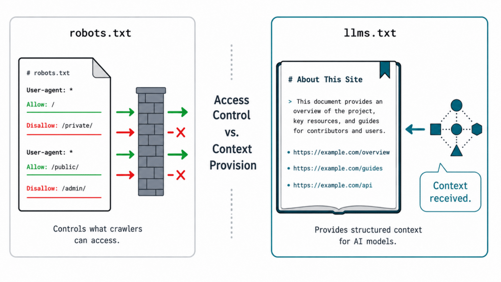 Diagram comparing robots.txt access control versus llms.txt context provision for AI models, showing allow and disallow rules alongside a markdown-formatted llms.txt example.