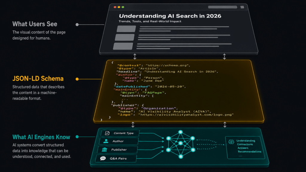 Diagram showing JSON-LD schema as the bridge between what users see and what AI search engines understand, with Article, FAQPage, and Organization markup illustrated.